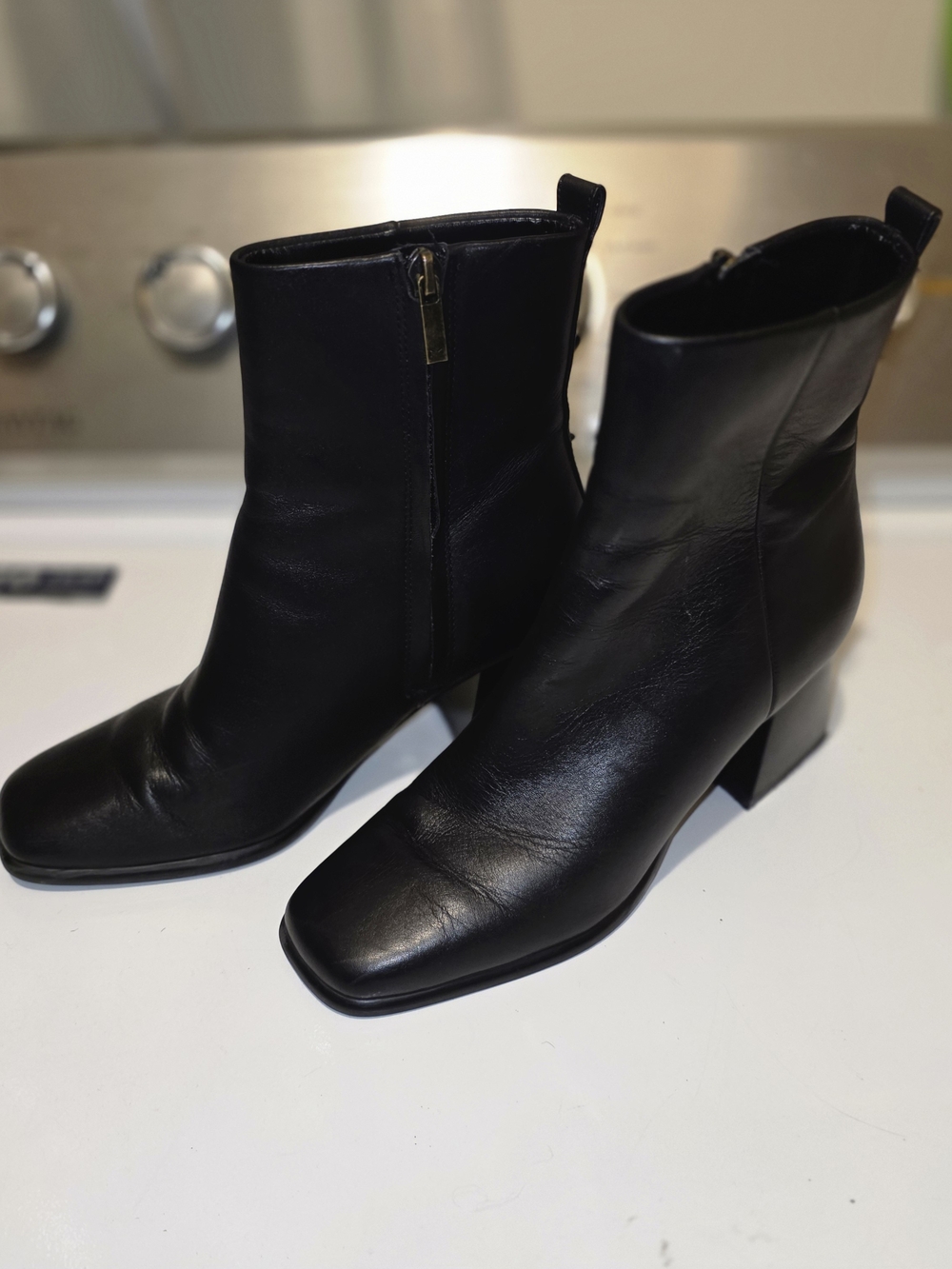 Marc Fisher Floria Black Leather Square-Toe Ankle Boots
